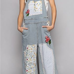 Patchwork 100% cotton overalls in twill with embroidery detail.